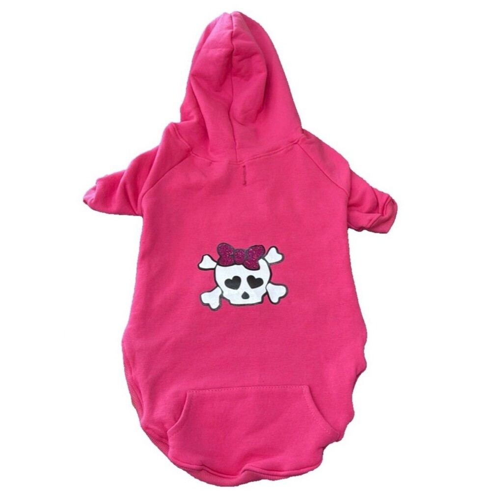 DOG HOODIE PINK FLEECE LINED HOOD POCKET SKULL GLITTER BOW GRAPHIC